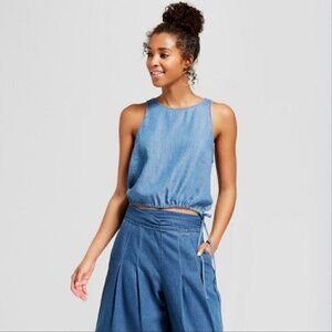 Universal Thread Tank S Chambray Lyocell Drawstring Seersucker Crop Sleeveless